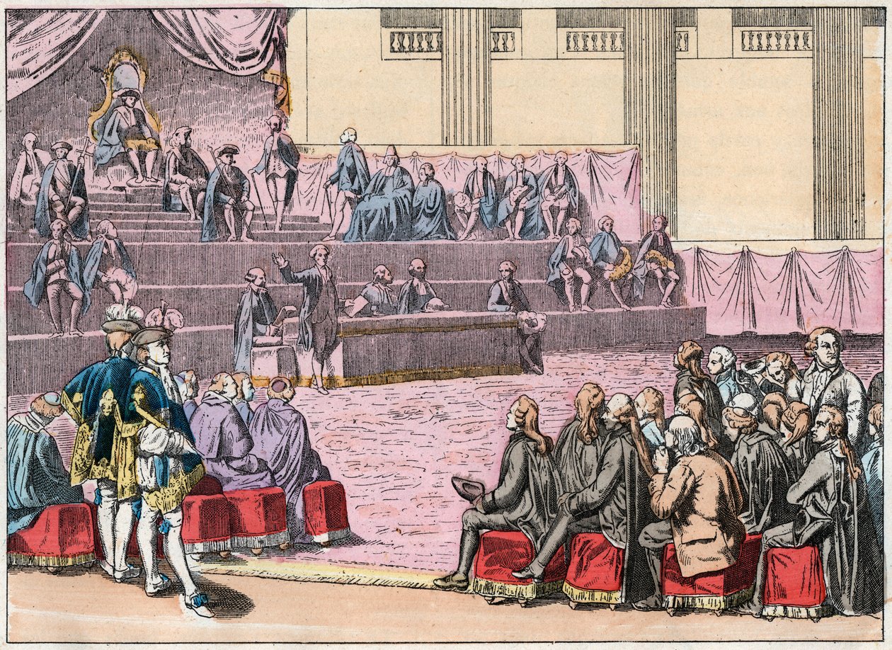 Apertura de los Estados Generales en Versalles el 5 de mayo de 1789 reuniendo a los Tres Estados (el Clero, la Nobleza y el Tercer Estado) - Grabado de finales del siglo XIX en “Nos Gires Nationales” de French School
