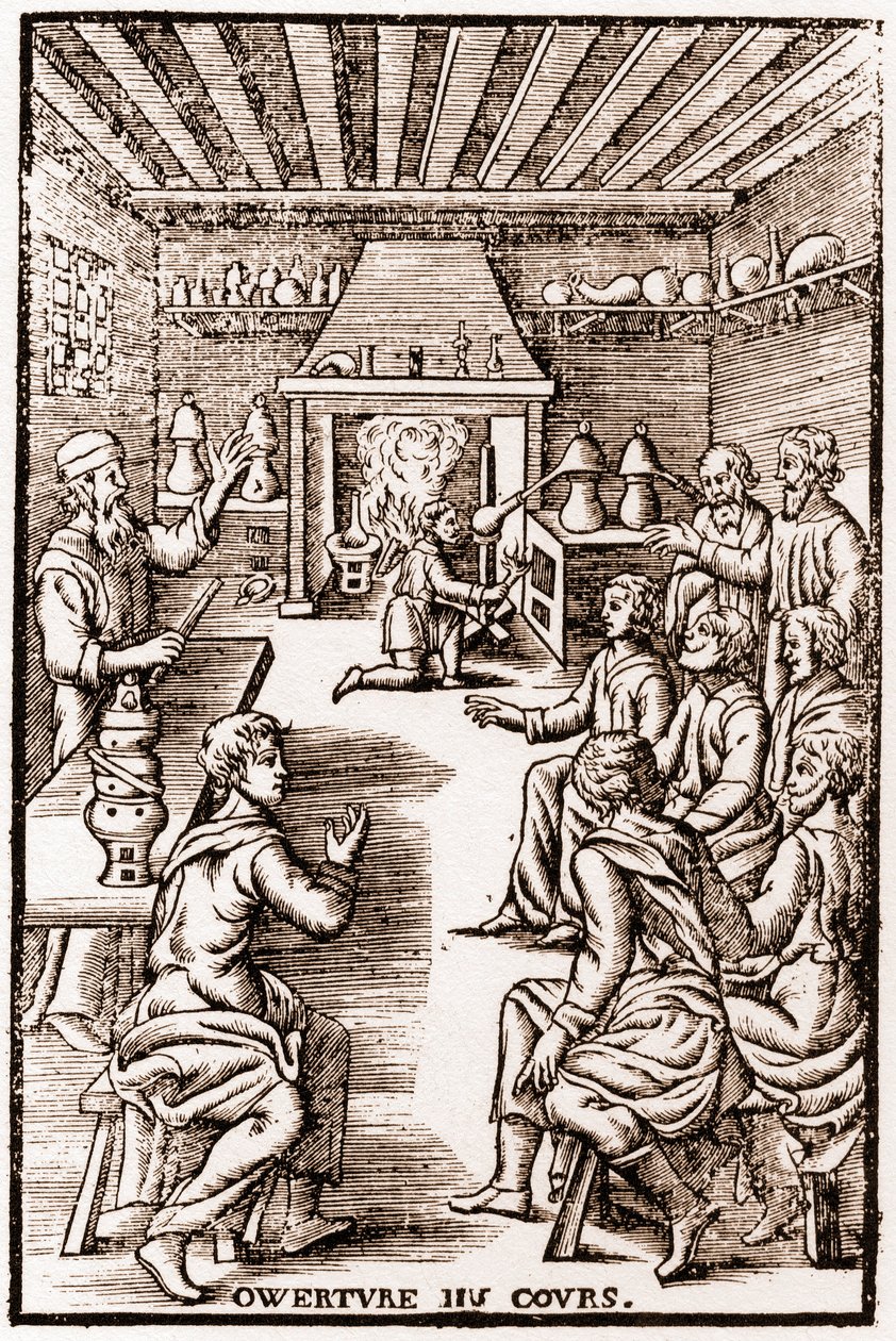 Apertura del curso de química transmutatoria - grabado de 1653 en “LE VRAY ET METHOD COURSES DE PHYSICS RESOLUTIVE” de Annibal Barlet de French School