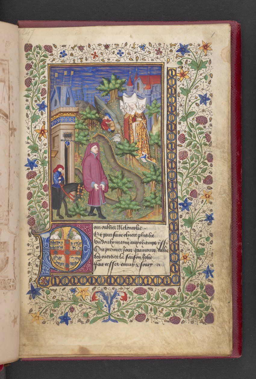 Página de apertura. Un caballero en un paisaje, seguido de otro montado a caballo, con tres damas.  Le livre des quatre dames; por Alain Chartier. Le livre des quatre damas; por Alain Chartier.  Chartier, Alain, sin especificar, secretario de Carlos V de French School