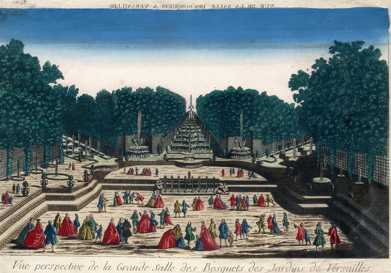 Vista óptica: Vista en perspectiva del gran salón de los bosques de los jardines de Versalles. Grabado del siglo XVIII. de French School