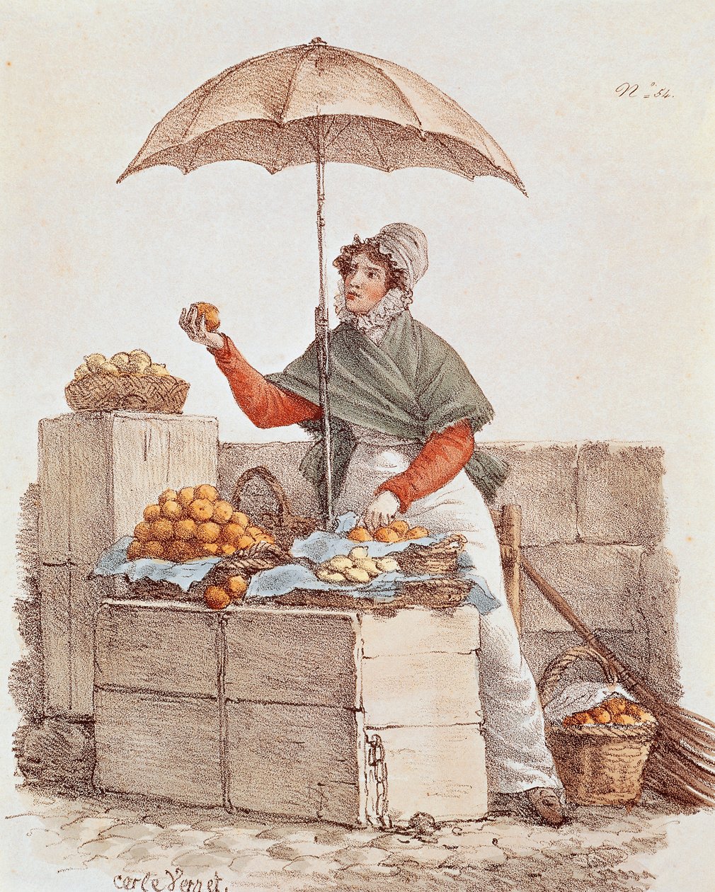 Vendedora de naranjas, grabado, Francia de French School