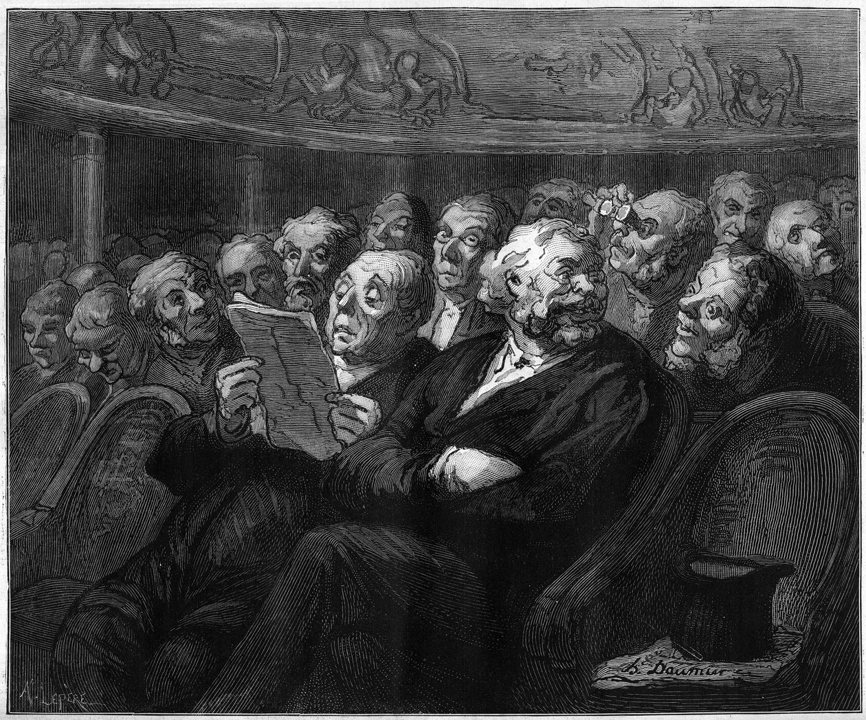 Sillas de orquesta. Caricatura de Honoré Daumier (1808-1879). Grabado en "Le Monde Illustré" n°1101 del 4 de mayo de French School