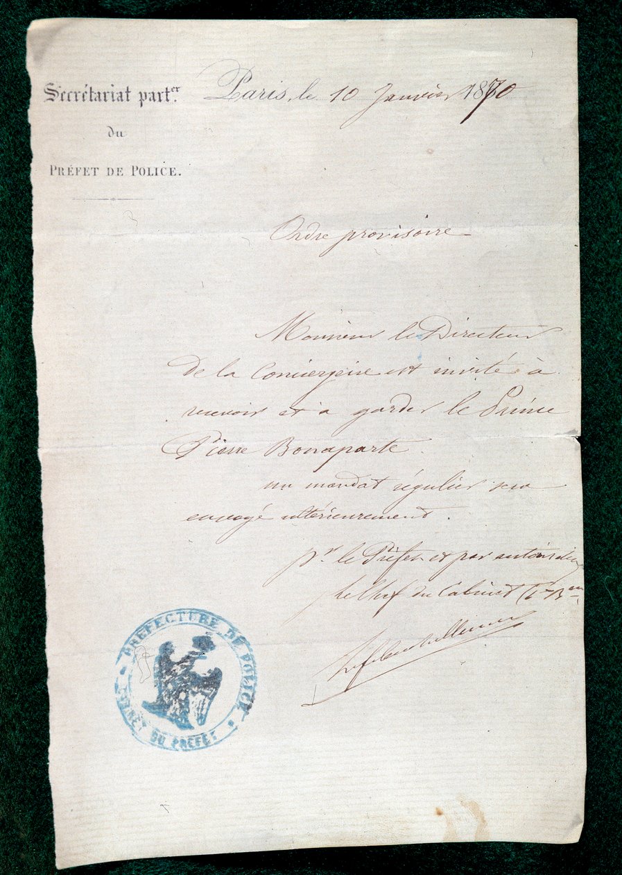 Orden de encarcelamiento al conserje del Príncipe Pierre Bonaparte (1815-1881) el 10 de enero de French School