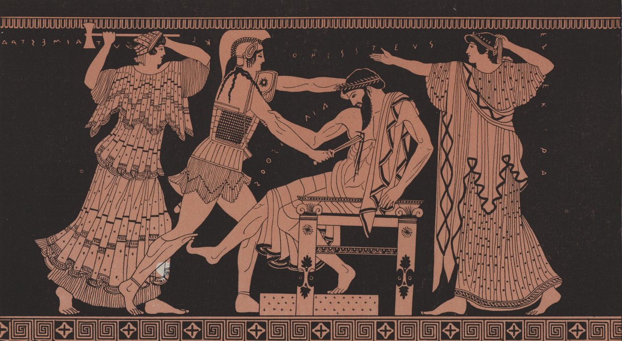 Orestes matando a Egisto (litografía en color) de French School