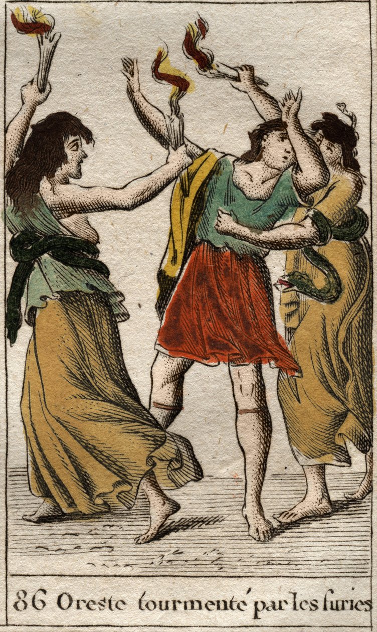 Orestes perseguido por las Erinias (o Furias) por vengar la muerte de su padre Agamenón matando a su madre Clitemnestra. De “Mitología de la Juventud” por Pierre Blanchard 1803. de French School