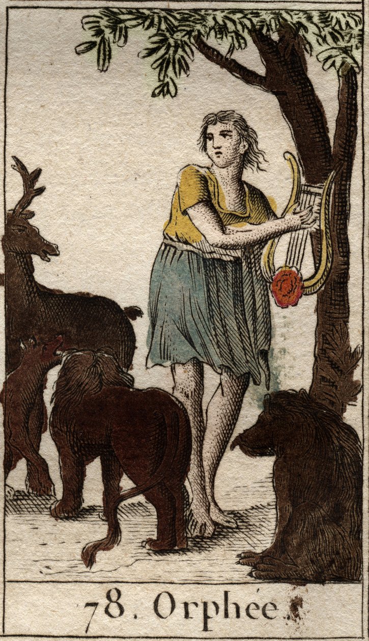 Orfeo encanta a los animales salvajes tocando su lira. De "Mitología de la Juventud" por Pierre Blanchard 1803 de French School