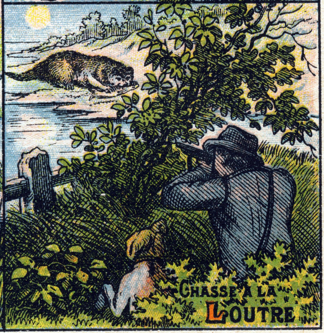 Escena de caza de nutrias. Alfabeto silábico de caza. Imágenes de Epinal de French School