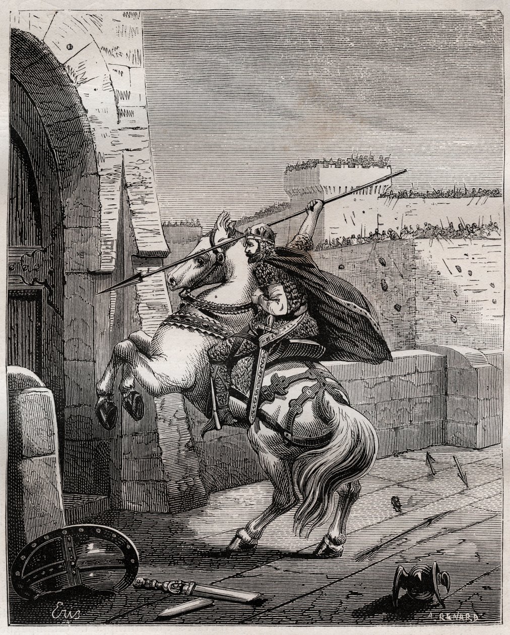 Otto II, emperador del Sacro Imperio Romano ante París - Otón II del Sacro Imperio, conocido como el Rojo (955-983) irritado por no poder penetrar en París (sede de París, 978), avanza bajo los muros de la ciudad para plantar su lanza en la puerta - grabad de French School
