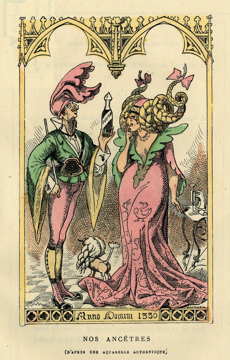 Nuestros Ancetres, caricatura según una acuarela de 1330. En "Histoire de France Tintamarresque" de Touchatout, París de French School