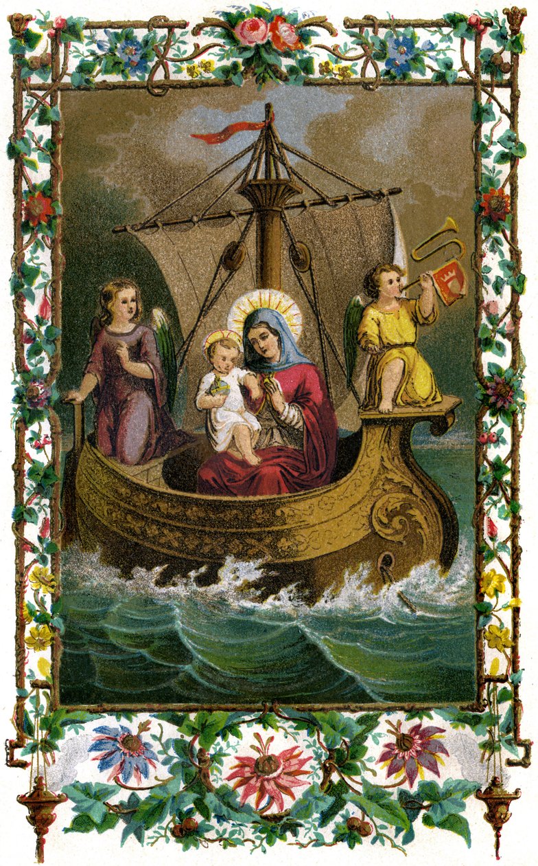 Nuestra Señora de Boulogne, la Santísima Virgen María y el Niño Jesús (Cristo) en una barca sobre el mar de French School