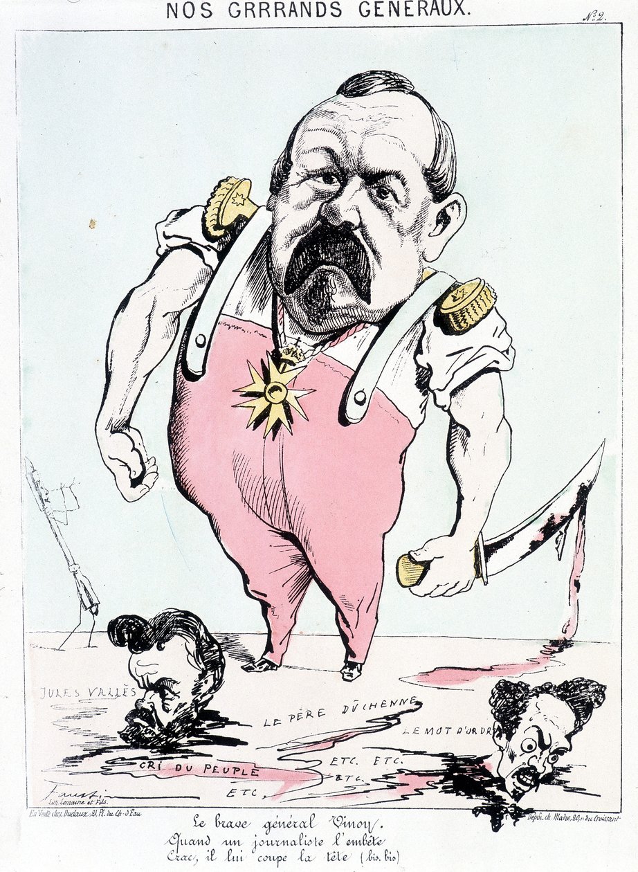Nuestros grandes generales: el valiente General Vinoy cuando un periodista lo molesta, crack, le corta la cabeza. Caricatura sobre Vinoy y la Comuna. de French School