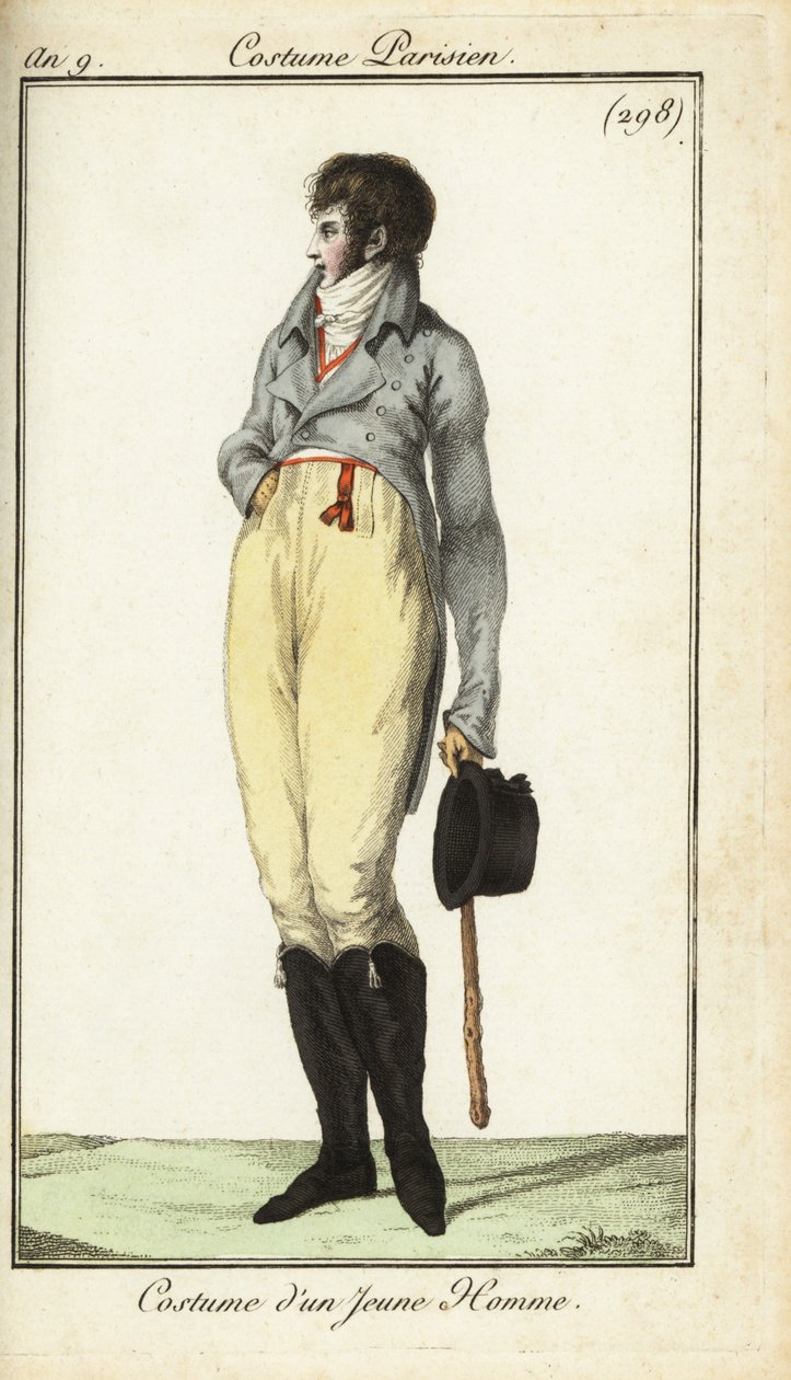 Conjunto de un joven o Incroyable, mayo de 1801 (grabado en cobre coloreado a mano) de French School