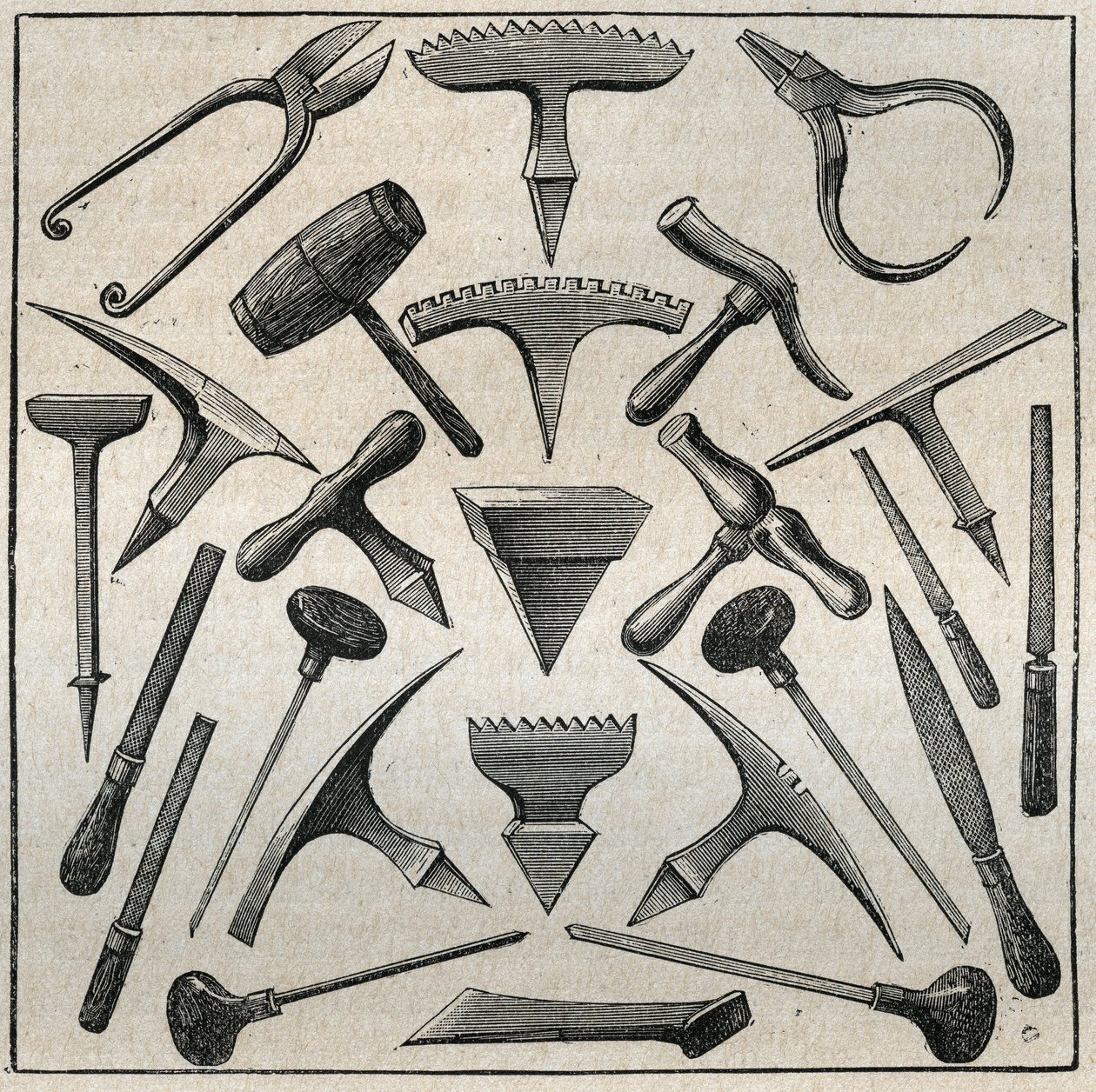 Herramientas del orfebre. Grabado de 1885 en “Les arts et métiers illustrés” de Adolphe Bitard. de French School