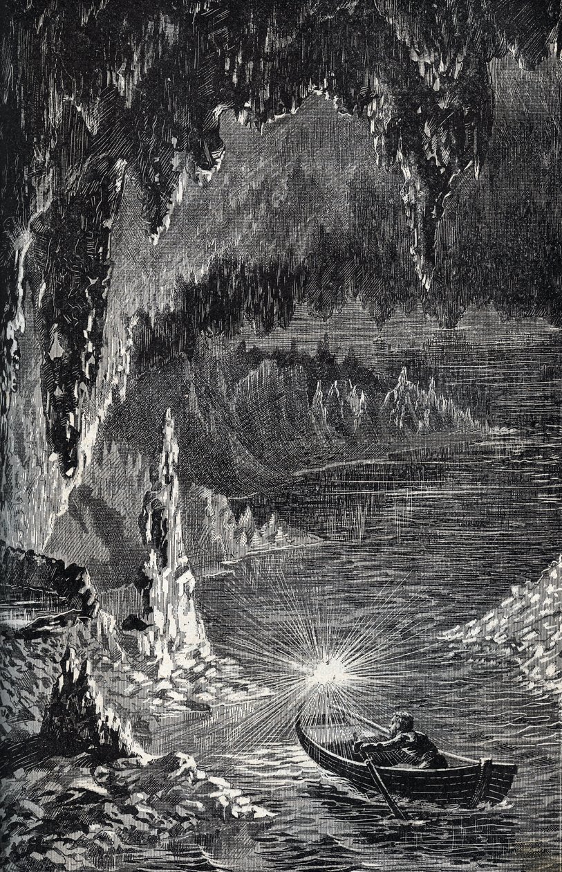 Cueva de Padirac en el departamento de Lot, en Francia - Río subterráneo - Gouffre de Padirac - en el Lot en Francia - grabado en "PATRIE" - DESCRIPCIÓN PICTÓRICA DE FRANCIA EN 6 VOLÚMENES POR LUCIEN HUARD - finales del siglo XIX de French School