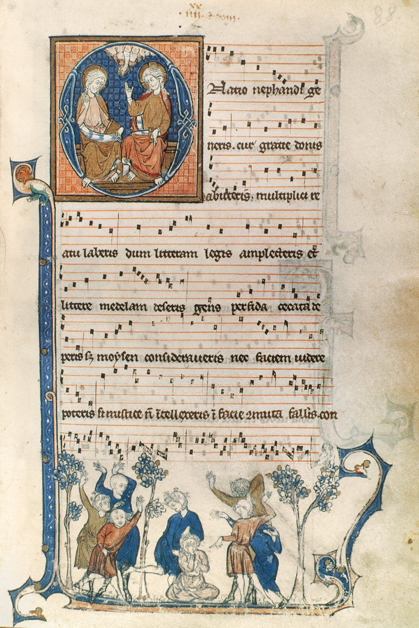 Página de un manuscrito para un cantante parisino, con ilustraciones de la Santísima Trinidad y el juego La Gallina Ciega, c.1280-1315 de French School