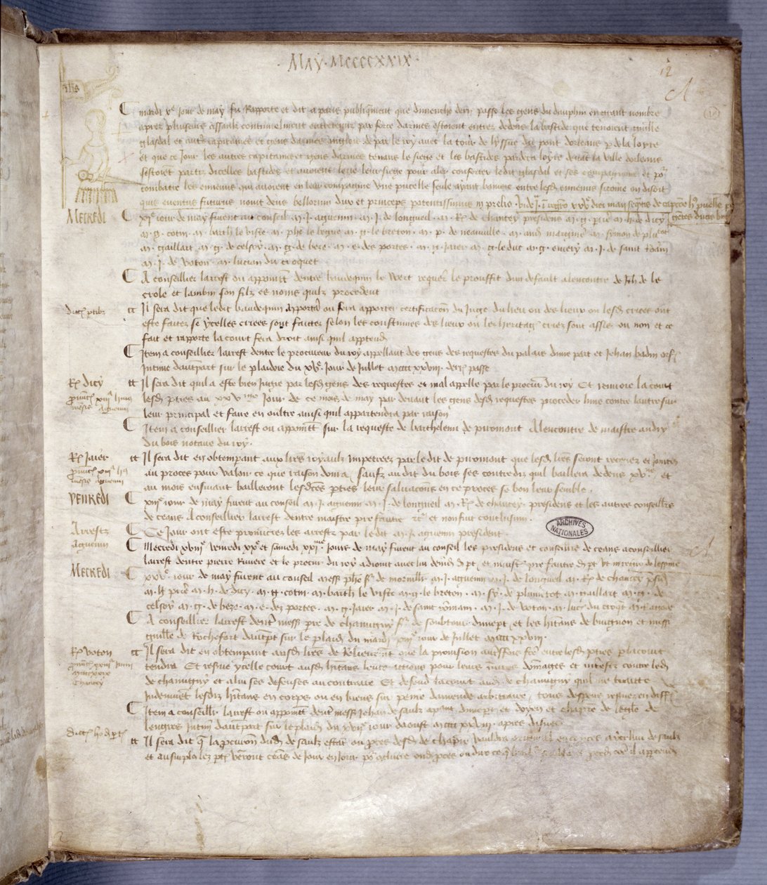Página del Registro del Consejo del Parlamento de París que representa a Juana de Arco (1412-31), 10 de mayo de 1429 de French School