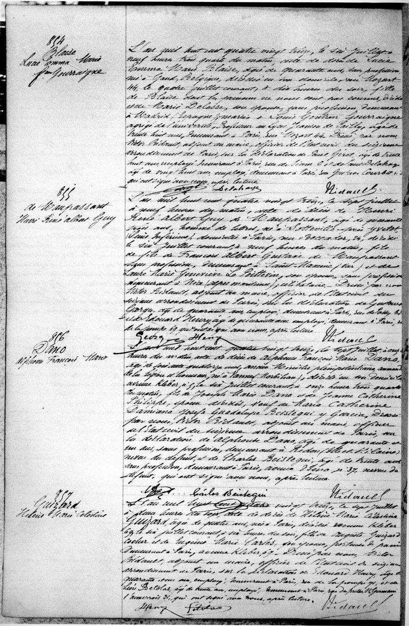 Página con el Certificado de Defunción de Guy de Maupassant (1850-93) 7 de julio de 1893 de French School