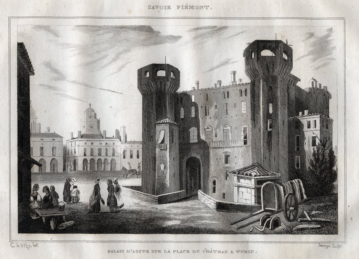 Palacio de Aosta en la Plaza del Castillo en Turín - Grabado de 