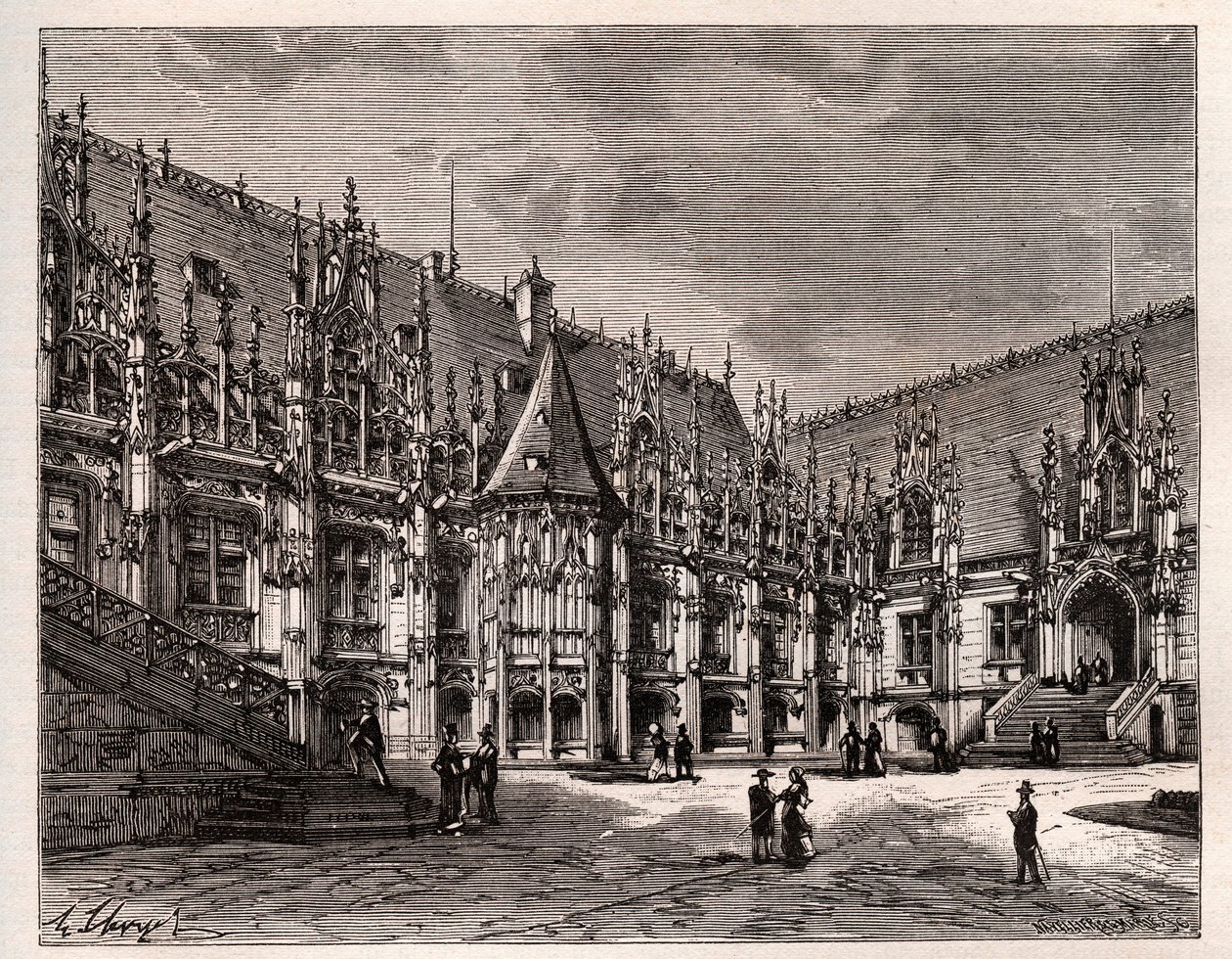 Palacio de justicia de Rouen antiguo parlamento de Normandía - grabado en 