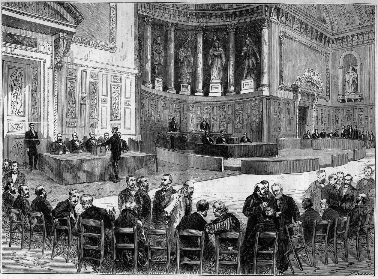 Palais du Luxembourg en París: elección del 30 de enero para la elección de senadores del departamento del Sena. De pie, con la silla en una mano, se reconoce a Victor Hugo (1802-1885), político. Grabado en "El Universo Ilustre" de French School