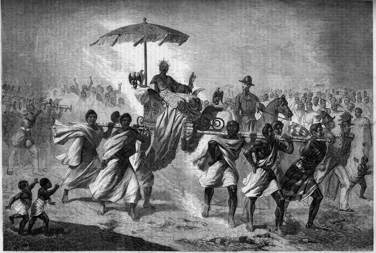 Paseo en palanquín de la Reina de Madagascar Raboude (Rasoherina) (1818-1868), esposa de Radama II. Grabado en "Le Monde Illustré" n°303 del 31 de enero de French School
