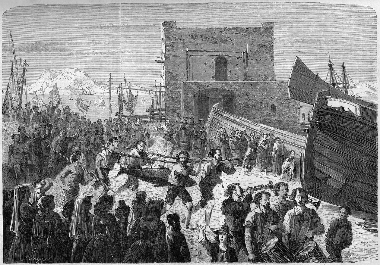 Pescadores de Palermo llevando en triunfo el primer atún capturado en la apertura de la pesquería. Sicilia, Italia de French School