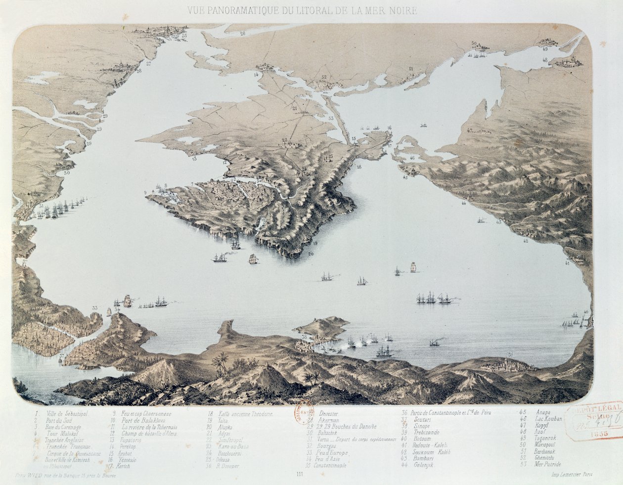 Vista panorámica y plano de Sebastopol y la costa del Mar Negro en la época de la Guerra de Crimea, 1855 de French School
