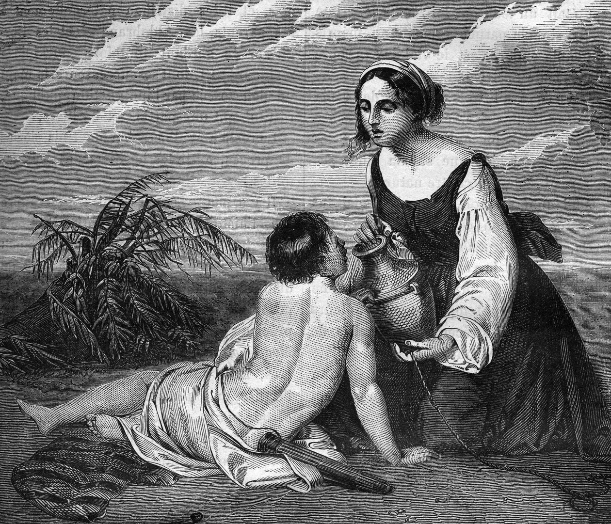 Roma Papal: Agar, la sirvienta de Abraham, le dio un hijo, ya que su esposa Sarai no podía tener hijos. Será expulsada al desierto con el niño y encontrará agua gracias a un ángel. Grabado en “La historia de la prostitución y la depravación entre todos los de French School