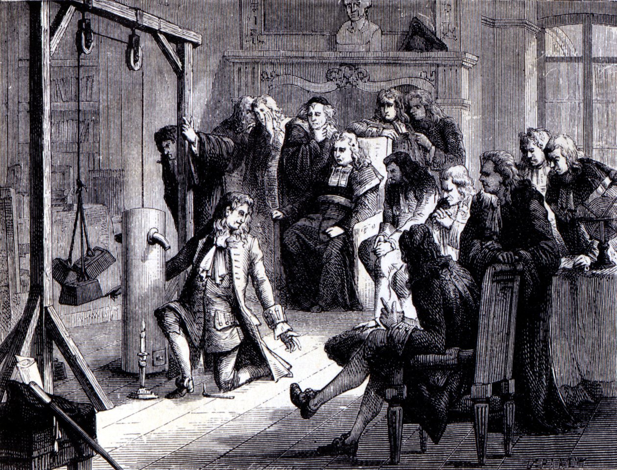 Papin (1647 - 1714) experimenta con su máquina de pólvora ante los profesores de la Universidad de Marburgo - en “Álbum de la Ciencia; científicos ilustres; Grandes descubrimientos” 1896 de French School