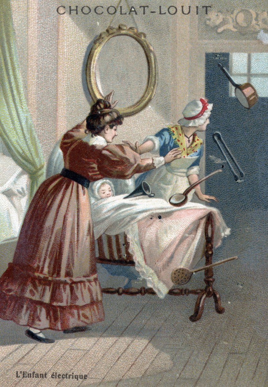 Actividad paranormal: un recién nacido que mueve objetos por levitación (poltergeist o telequinesia) Cromolitografía de finales del siglo XIX Colección particular de French School