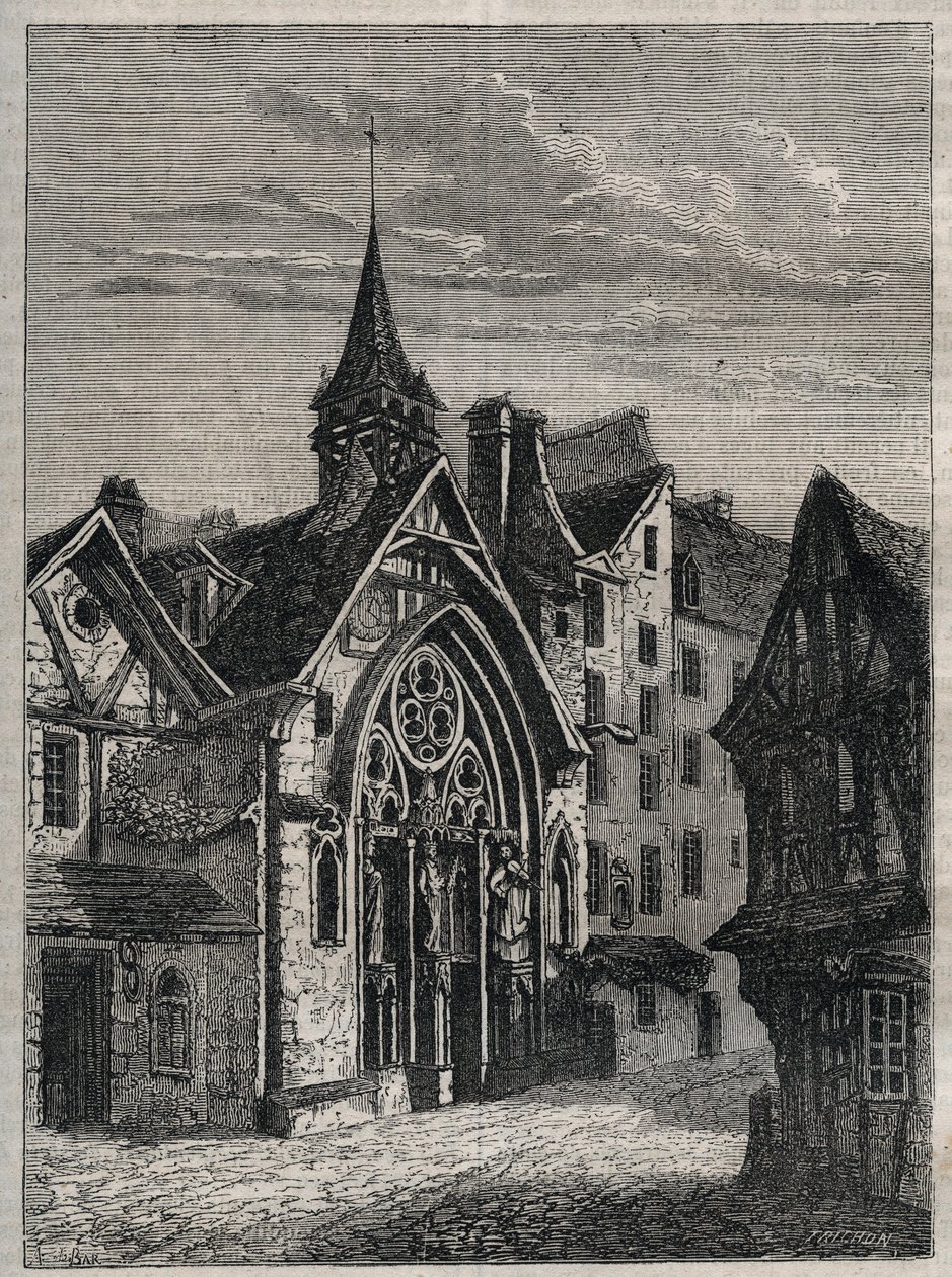 París - Rue Saint-Martin, iglesia Saint-Julien-des-Menetriers - Grabado en “Historia física, civil y moral de París: desde los primeros tiempos históricos hasta el presente” por Jacques Antoine Dulaure de French School