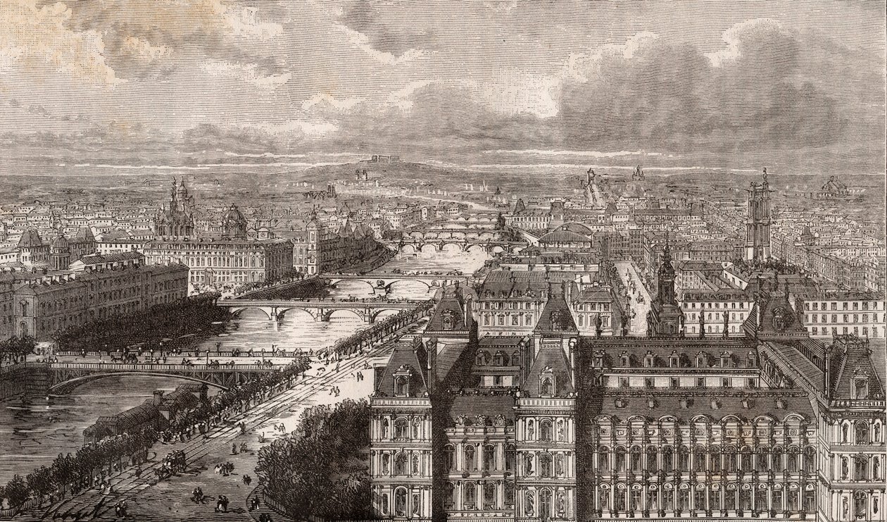 París - el Sena - los Puentes - vista tomada desde la torre Saint-Gervais - grabado en “La France illustrée: géographie, histoire, administration statistique” por V.-A. Malt-Brown. 1884 de French School
