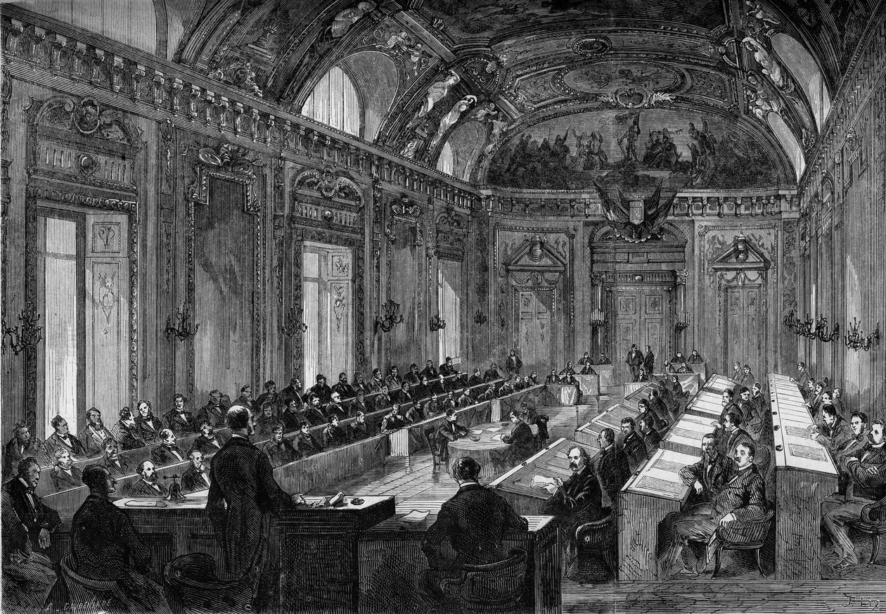 París, 4 de agosto de 1871: primera reunión del consejo municipal en la Sala del Trono del Palacio de Luxemburgo. Grabado en "Le Monde Illustré" n°748 del 12 de agosto de 1871 de French School