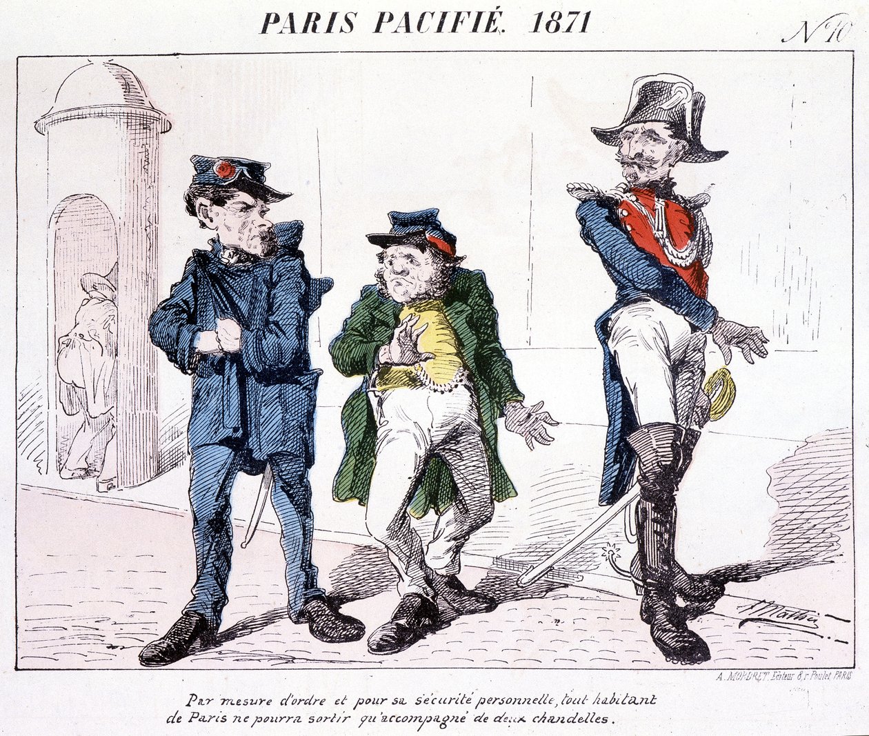 París pacificado 1871 - Como medida de orden y seguridad personal, cada residente de París solo puede salir con dos velas. Caricatura sobre la Comuna. de French School