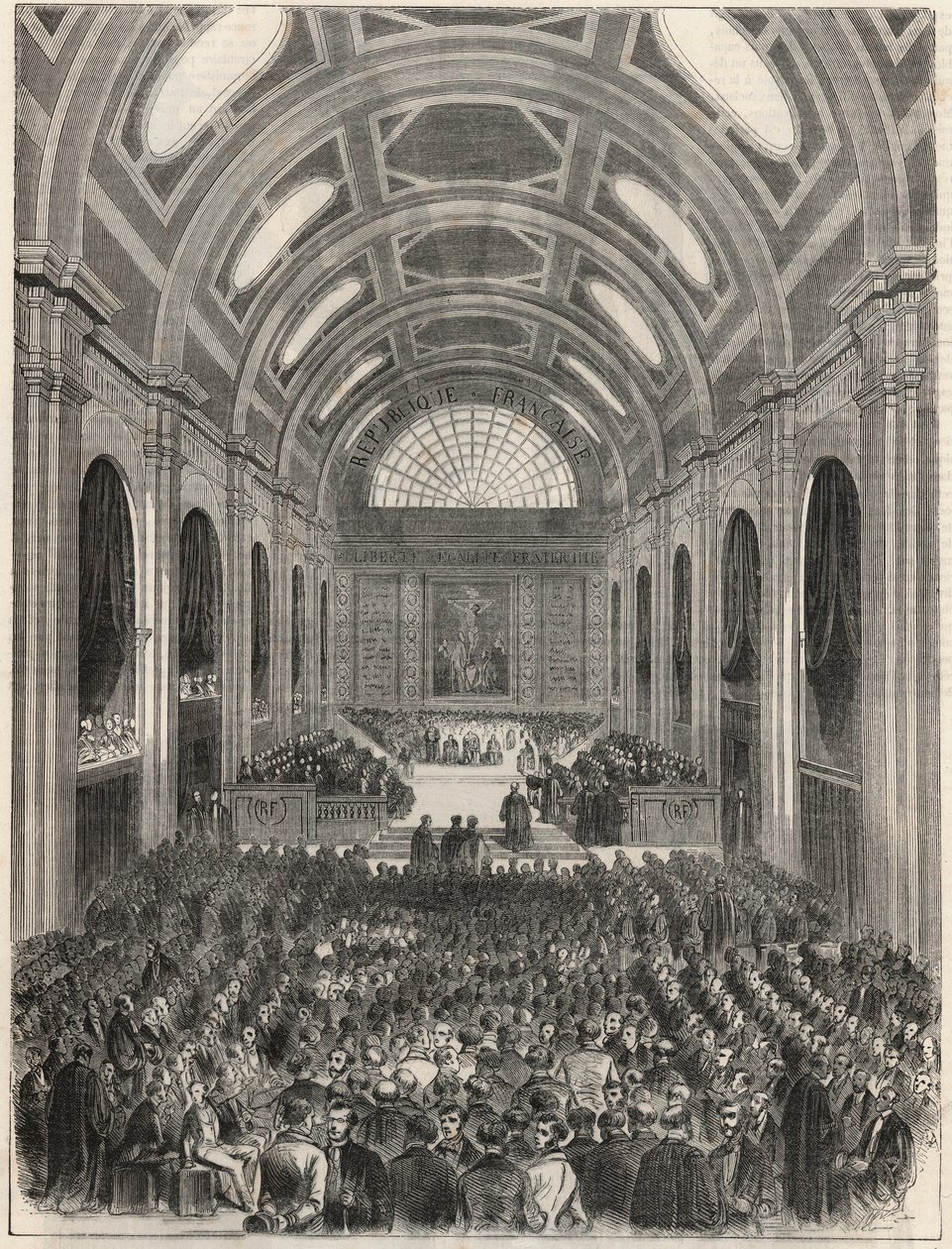 Palais de Justice de París - La sala de los pasos perdidos durante una ceremonia oficial - Grabado en “Tableau-de-Paris” de Edmond Texier 1852 de French School