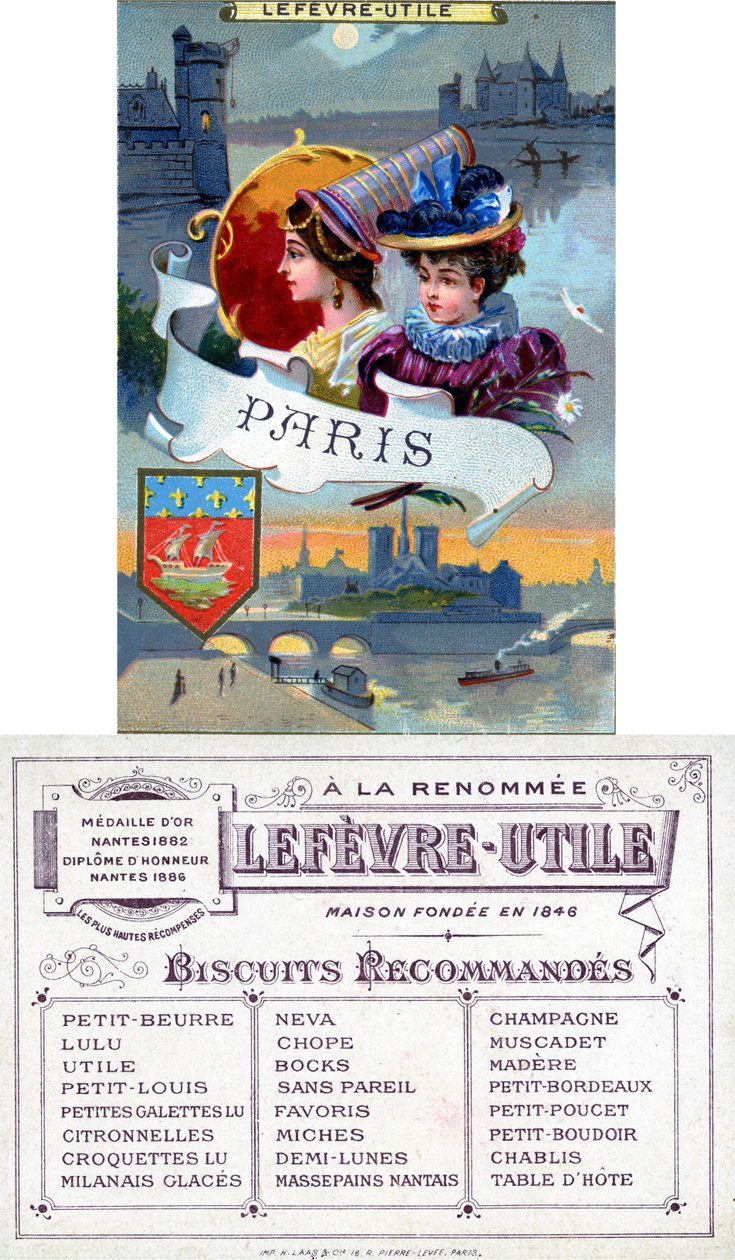 París, anverso y reverso de una tarjeta promocional para las galletas Lefèvre-Utile (LU), finales del siglo XIX de French School