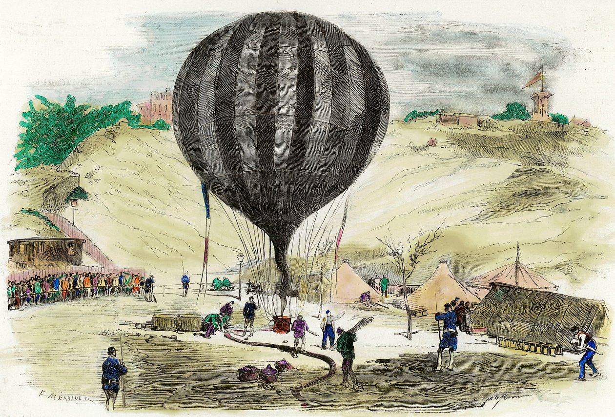 Sede de París de 1870: vista de uno de los globos utilizados para la comunicación con el exterior está colocado en la plaza Saint Pierre (Montmartre) de París. Grabado de 1870 Colección privada de French School