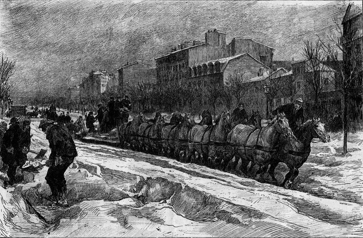 París bajo la nieve, invierno 1879-1880: el arado de hielo (caza de nieve) del Boulevard Montparnasse. Grabado en "Le Monde Illustré" n°1188 del 3 de enero de French School
