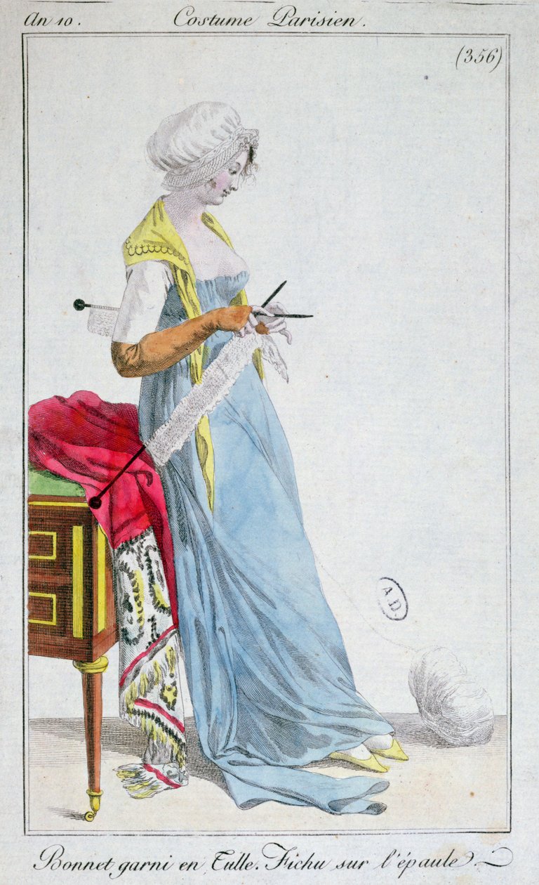 Traje parisino: gorro adornado con tul, pañuelo en los hombros, 1802 de French School
