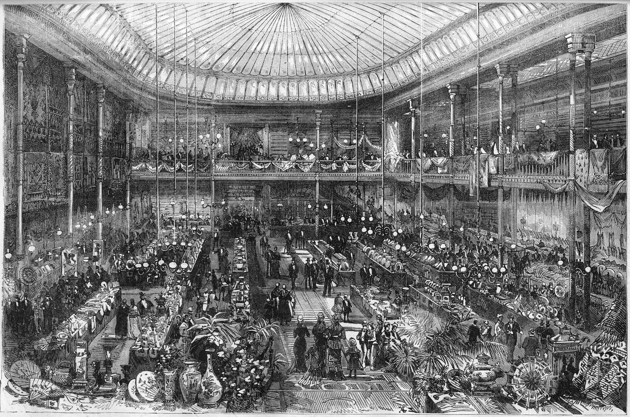Grandes almacenes parisinos: vista de la sala de la tienda Pequeño Saint Thomas en 1878. Grabado de Scott en 