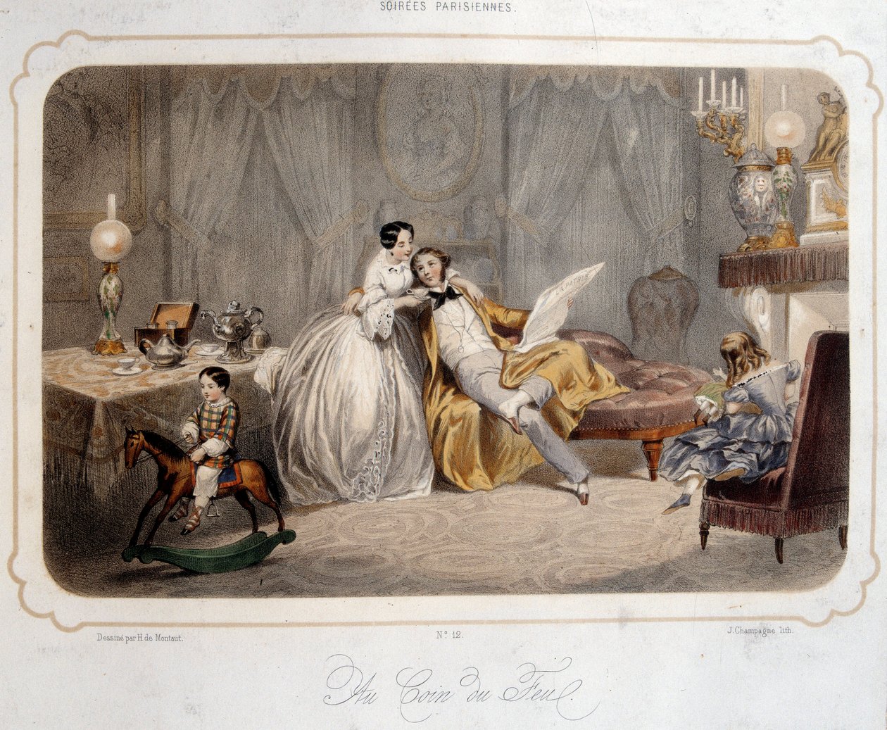Veladas parisinas: "junto al fuego" Una pareja de burgueses y niños sobre un caballo de madera en un interior. Litografía del París del siglo XIX. Artes decorativas de French School