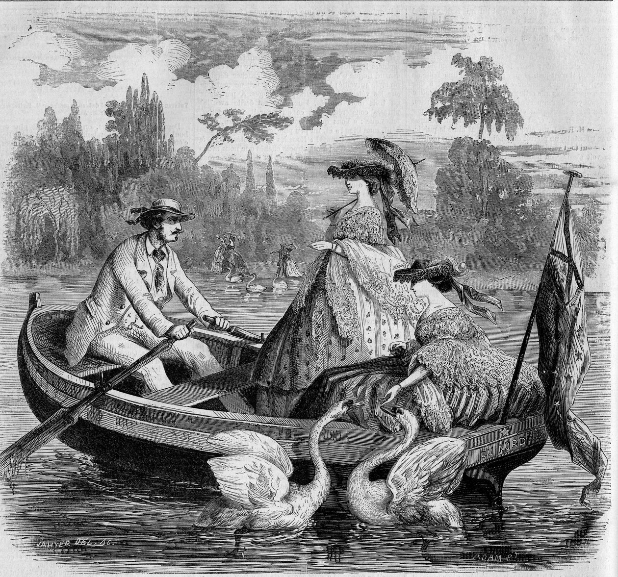 Modas parisinas, verano de 1857: paseo en bote en un lago. Grabado en “Le Monde Illustré” n°24 del 26 de septiembre de 1857. de French School