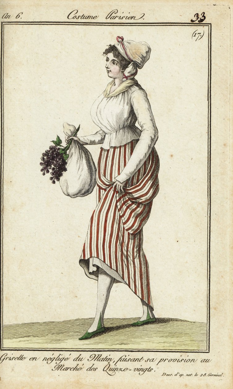 Dependienta parisina con bata casual de mañana, 26 de marzo de 1798 (grabado en cobre coloreado a mano) de French School
