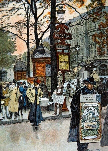 Escena callejera parisina cerca de la estación de metro Palais-Royal, c.1900 de French School