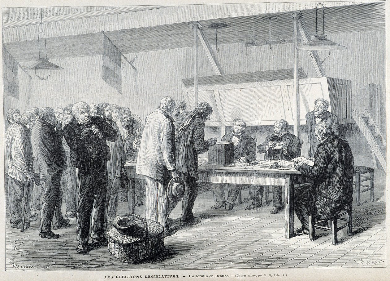 Elecciones parlamentarias: una mesa de votación en Beauce - en “Le Monde Illustré”, marzo de 1876 de French School