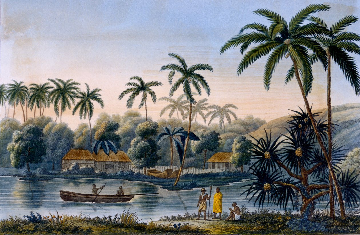 Parte del pueblo de Matavae, palmeras de coco y otras frutas, Tahití, de Voyage autour du Monde sur la Corvette Coquille por el Teniente Louis Isodore Duperrey, publicado en 1826 de French School