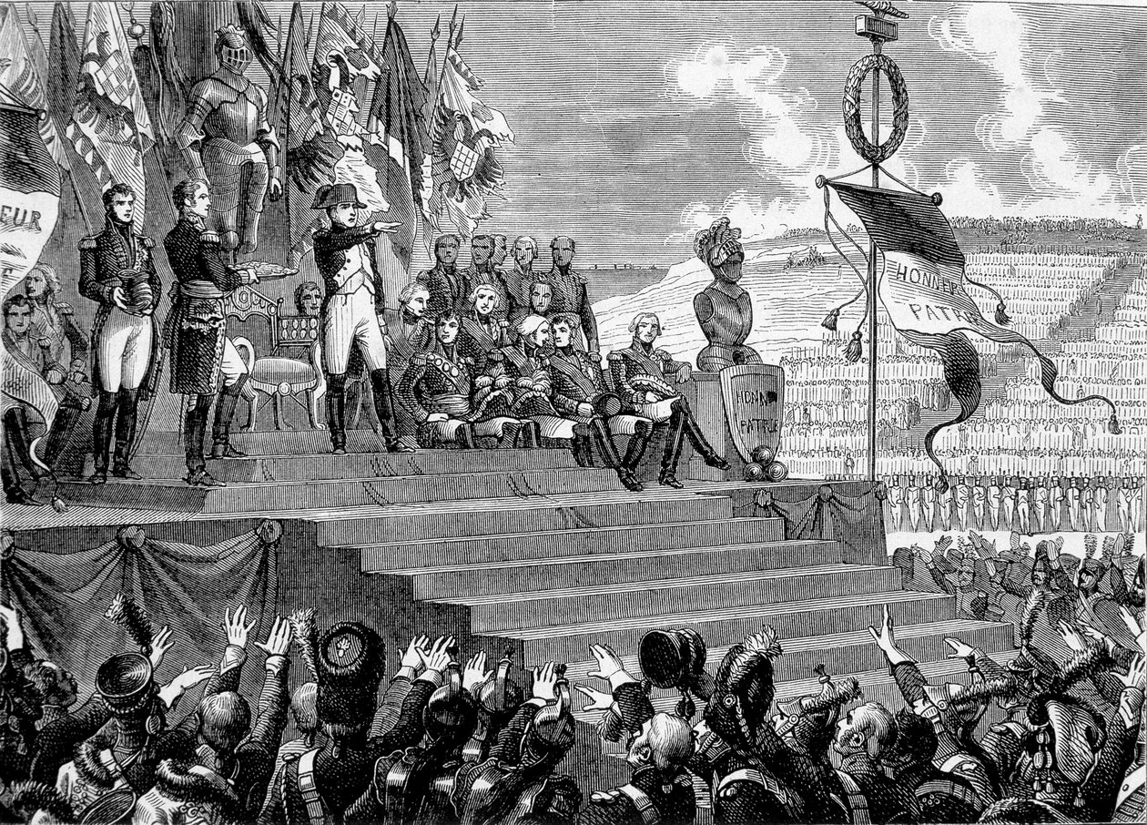 Fiesta en los Campos de Boulogne: Napoleón I cónsul. Grabado - en 