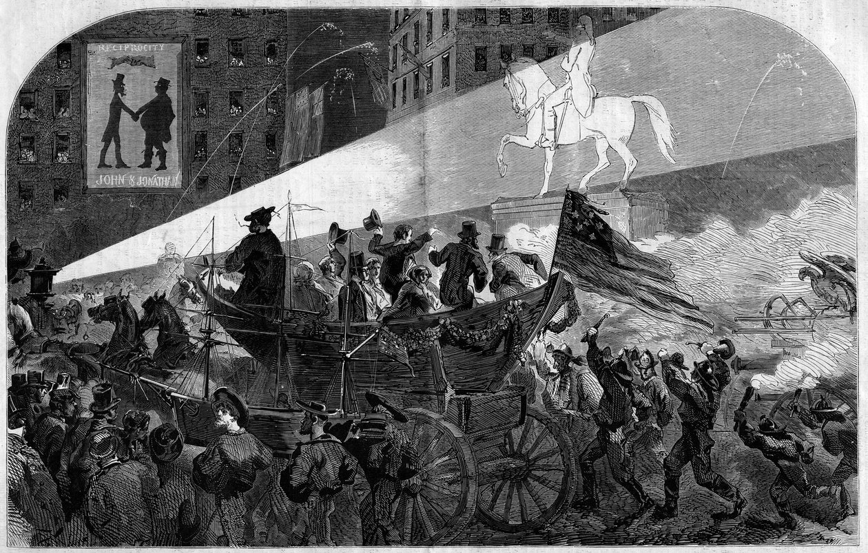 Fiesta en las calles de Nueva York (Nueva York) para celebrar la instalación del cable telegráfico transatlántico entre los Estados Unidos (Estados Unidos) e Inglaterra en 1858. Grabado en Le Monde Illustré n°79 del 16 de octubre de 1858 de French School