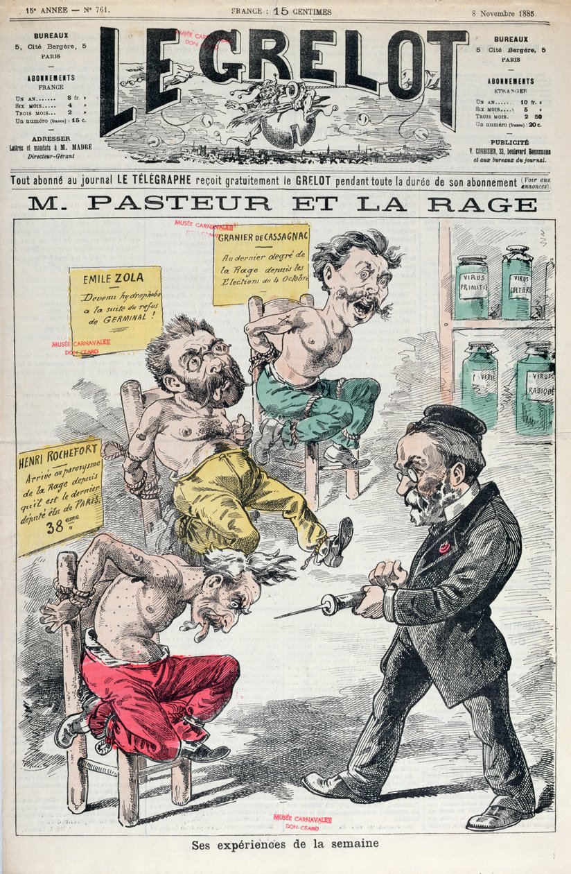 Pasteur y la rabia, caricatura de los experimentos de Louis Pasteur (1822-95) de Le Grelot, 8 de noviembre de 1885 de French School