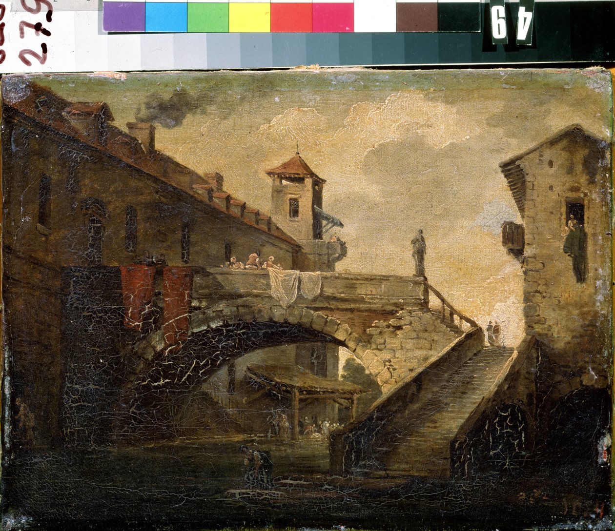 ""Paisaje en un pueblo francés"" El puente y el río en un barrio popular. Pintura de la escuela francesa. Museo de Arte Mikhail Kroshitsky de principios del siglo XVIII, Sebastopol (Sebastopol) Ucrania de French School